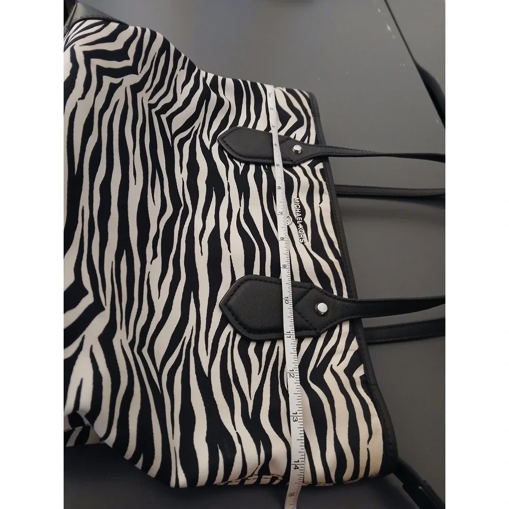 Michael Kors Zebra Print Small Tote Bag Black Cream Canvas Leather Purse